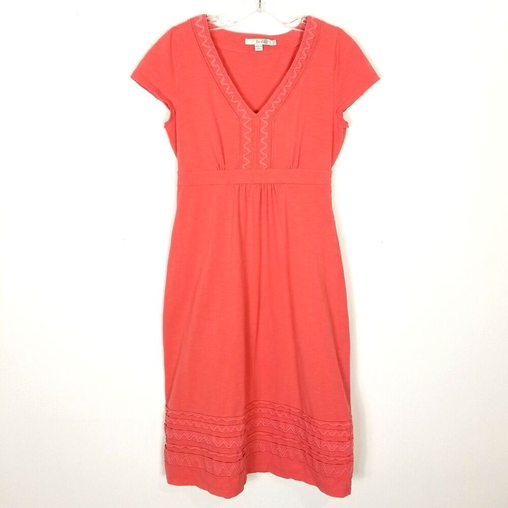Boden‎ Women Embroidered Trim Short Sleeve Dress Sz 6 L V Neck Stretchy Pink